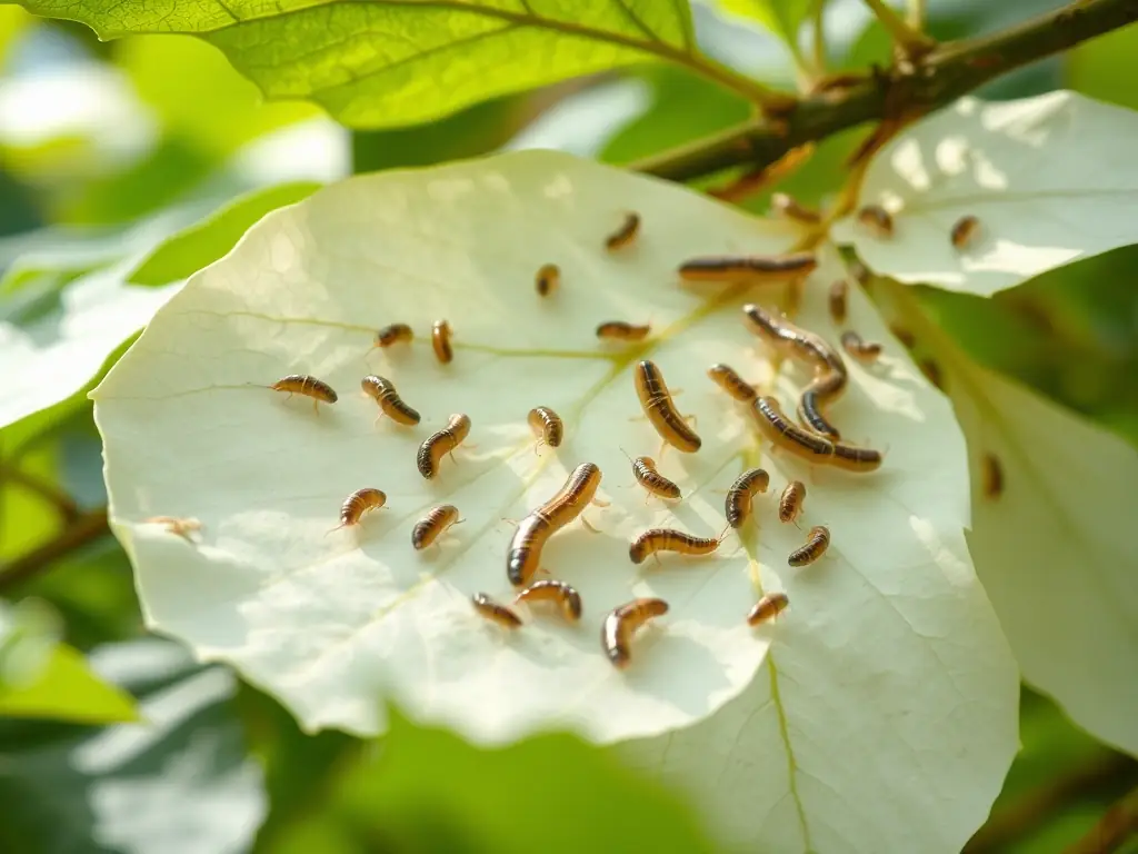 A serene image of silkworms feeding on mulberry leaves in a lush, green environment, illustrating the natural and sustainable beginning of silk production at silknest.uno.