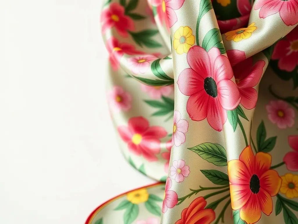 A close-up image of a beautifully draped silk scarf with a subtle Canadian maple leaf pattern, highlighting the fabric's sheen and eco-friendly packaging.