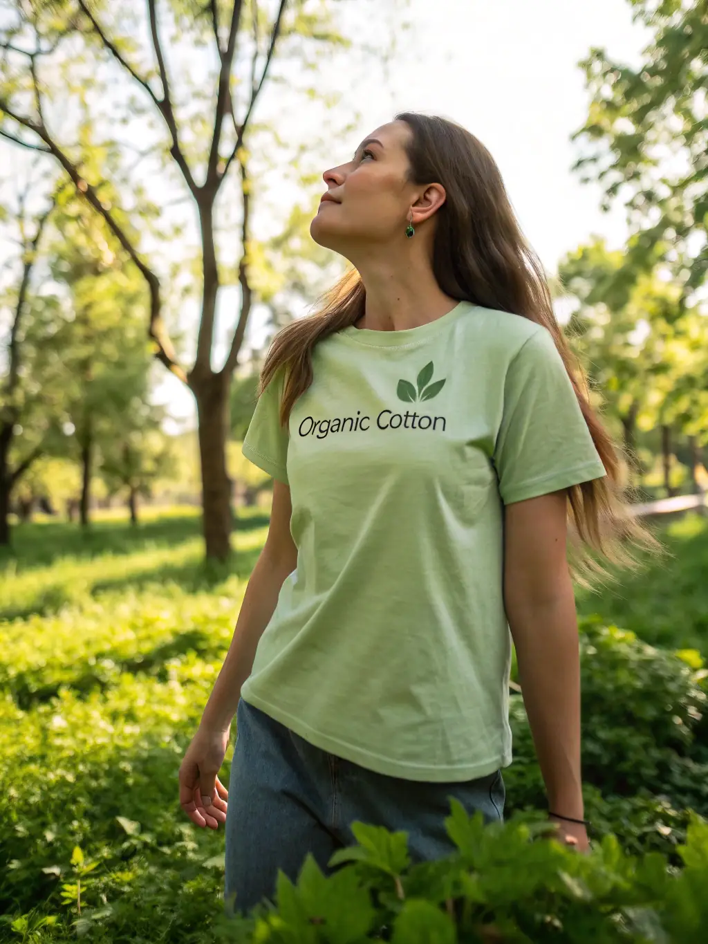 A model wearing a flowing, eco-friendly silk blouse in a natural setting, such as a park in Vancouver, highlighting its comfort and style.