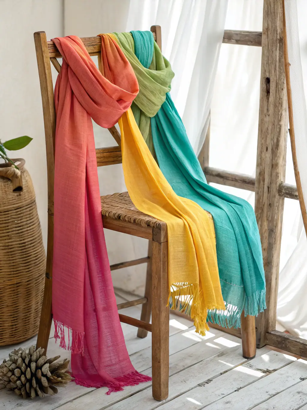 A stack of colorful, naturally dyed silk scarves, neatly arranged to showcase the variety of colors and patterns available, with a focus on the eco-friendly dyes used.
