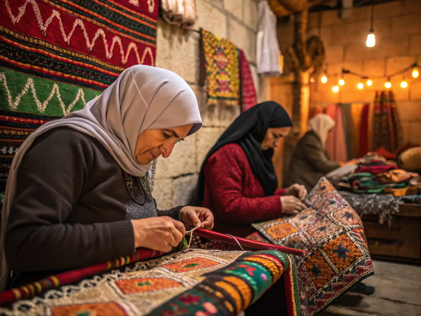 A picture of artisans hand-weaving silk fabric in a fair-trade workshop, emphasizing the ethical labor practices supported by silknest.uno.